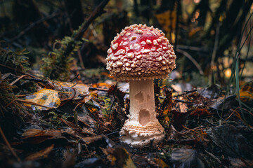 Nahaufnahme vom Fliegenpilz im Wald