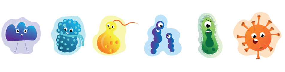 Set of different bacteria, germs and viruses on white background