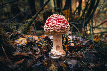 Nahaufnahme vom Fliegenpilz im Wald