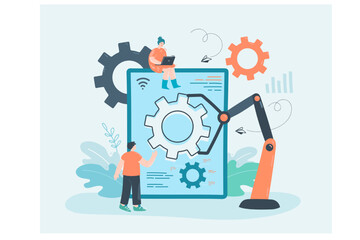 People using artificial intelligence as workforce in factories. Industrial resources and equipment flat vector illustration. 21st century, digital era concept for banner or landing web page