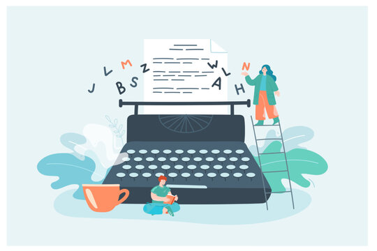 Creative Tiny Female Author With Typewriter Writing Novel. Woman Writing Story Chapter, Man Reading Book Flat Vector Illustration. Literature, Poetry, Imagination Concept For Banner Or Website Design