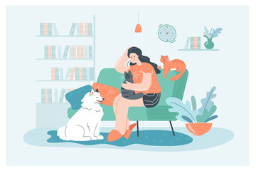 Plakat Female cartoon owner sitting on couch with cats and dog at home. Adorable scene in cozy living room with happy woman relaxing on sofa with domestic animals flat vector illustration. Pets, love concept
