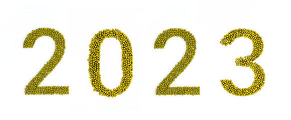 2023 headline made from mung beans. Green mung bean font. Alphabet made from green gram . White background. Dry green maash seeds