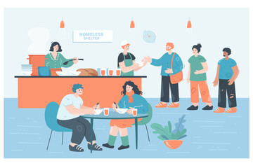 Poor people getting warm food and drinks at homeless shelter. Volunteers cooking for men and women, refectory flat vector illustration. Charity, poverty, assistance concept for banner, website design