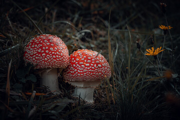 Nahaufnahme des Fliegenpilzes auf einer Wiese am Waldrand im Herbst