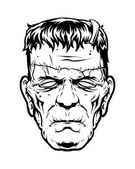 monochrome illustration of monster, frankenstein head. isolated on white backgraund. hallowen theme