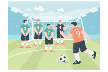 Football team and goalkeeper waiting for penalty kick. Soccer player kicking ball towards gate at stadium flat vector illustration. Sports concept for banner, website design or landing web page © PCH.Vector