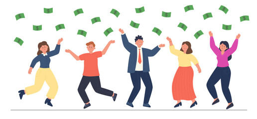 Dollar bills falling on team of business people. Happy office workers, money or cash raining from above flat vector illustration. Success, investment, finances concept for banner or landing web page