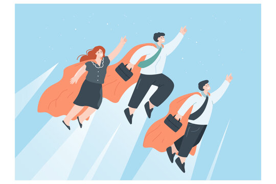 Business people with superhero capes flying through sky. Team of powerful male and female heroes, professional businessmen in suits flat vector illustration. Teamwork, success concept for banner