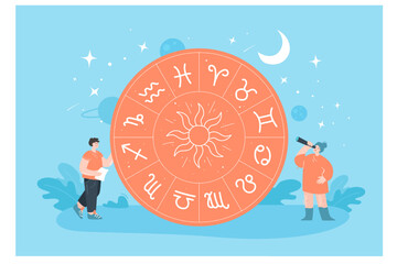 Tiny cartoon characters with zodiac signs. Man checking horoscope, woman looking through spyglass at stars in sky flat vector illustration. Astrology, astronomy concept for banner, website design