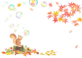 シャボン玉を吹くリスと紅葉の水彩イラスト。秋のバナー背景。（透過背景）