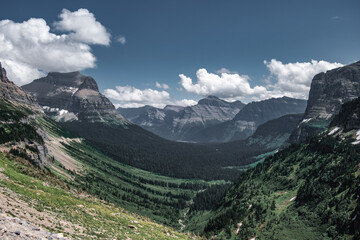 Panoramic views of lush Mountains and valleys of Glacier National Park, Montana 