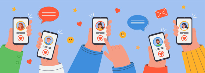 Hands of adult people using online dating app in mobile phones. Happy couple with love match on smartphone screen flat vector illustration. Date and flirt in social media, relationship concept