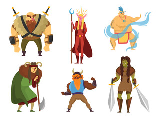 Giant, viking, warrior, orc and other monsters in different poses and emotions. Computer games heroes cartoon vector illustration set. Human characters combined with animals features for fantasy games