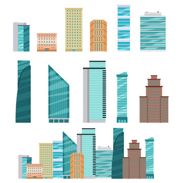 Modern facades of skyscrapers and commercial buildings set. Vector illustrations of houses and condo complexes. Cartoon cityscape isolated on white. City architecture, geometric constructor concept
