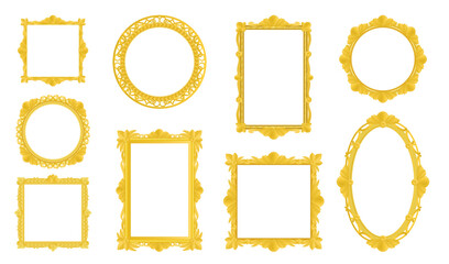 Gold old royal borders with floral ornament for pictures and photos on white background. Empty ornate frames cartoon vector illustration set. Antique art deco, victorian, rococo style, museum concept - obrazy, fototapety, plakaty