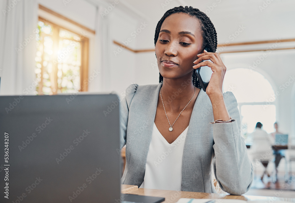 Poster Black woman, on business phone call and communication networking while working on laptop at desk in office. Corporate, professional and do research on internet for planning and strategy.