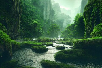 amazon rainforest, tropical vegetation, jungle landscape with creek, rocks overgrown with moss, riverbank plants and lianas, fictional landscape created with generative ai - obrazy, fototapety, plakaty