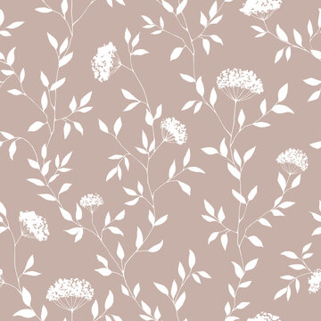 White floral seamless pattern on coffee color background. Vintage botanical repeat print. Elegant foliate design for wallpaper, wrapping, fabric, textile, decoration.