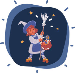 Fototapeta premium Cartoon vector illustration of Portrait of girl wearing withcs dress holding broom in dark room