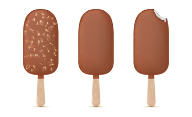 Popsicle ice cream in chocolate with nuts whole and bite off set realistic vector illustration