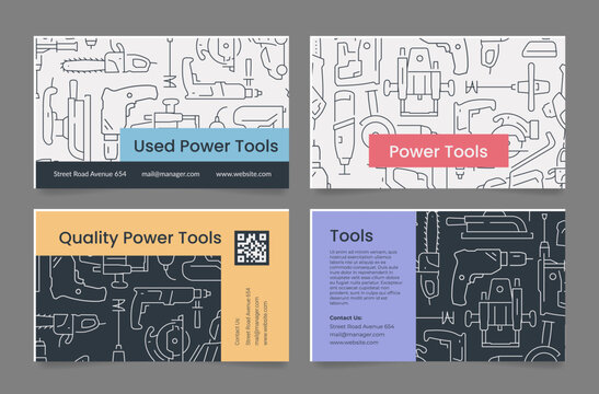 Power tools shop service business card set line vector illustration. Recovery renovation carpentry - Powered by Adobe