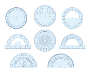 Round protractors tools for angle measure scale 180 and 360 degree set realistic vector illustration - obrazy, fototapety, plakaty