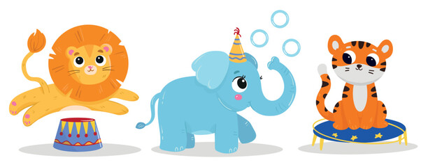 Cute cartoon animals of the circus. Circus performances with animals