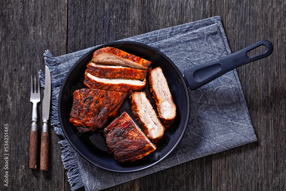 Sticker roast baby back pork meaty ribs, top view