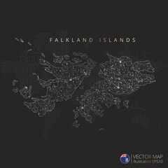 Falkland Islands map abstract geometric mesh polygonal light concept with black and white glowing contour lines countries and dots on dark background. Vector illustration