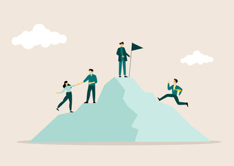 people helping each other hike up a mountain and celebrating. Business, teamwork, success, help and goal concept. vector illustration concept.
