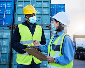 Container management team, covid checklist safety and security cargo or inspection manager. Inventory supply chain collaboration strategy communication, training and management planning or teamwork
