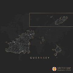 Guernsey map abstract geometric mesh polygonal light concept with black and white glowing contour lines countries and dots on dark background. Vector illustration