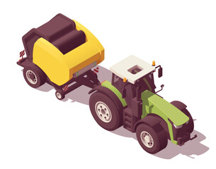 Isometric low poly green tractor with yellow round roll baler. Vector illustrator