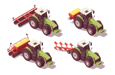 Set of isometric low poly tractors with agricultural equipment. Plow, cultivator, seeder, fertilizer spreader. Vector illustrator