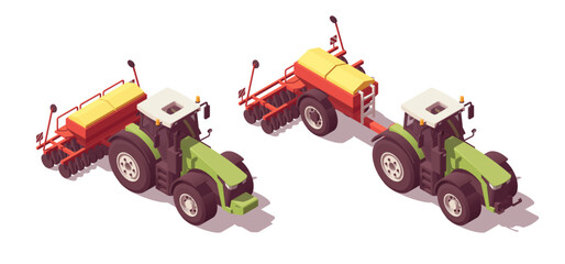 Set of isometric low poly tractors with seeders. Vector illustrator - obrazy, fototapety, plakaty