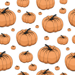 seamless autumn pattern Vector, pumpkins for halloween pattern, flat autumn design, ornament for print on fabric, seamless wallpaper with plants, texture with orange pumpkins on white background