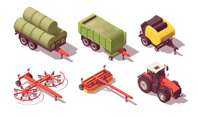 Set of isometric low poly tractors with hay harvest equipment. Vector illustrator © Paul Kovaloff