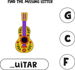 Find missing letter with Mexican guitar. Spelling worksheet.