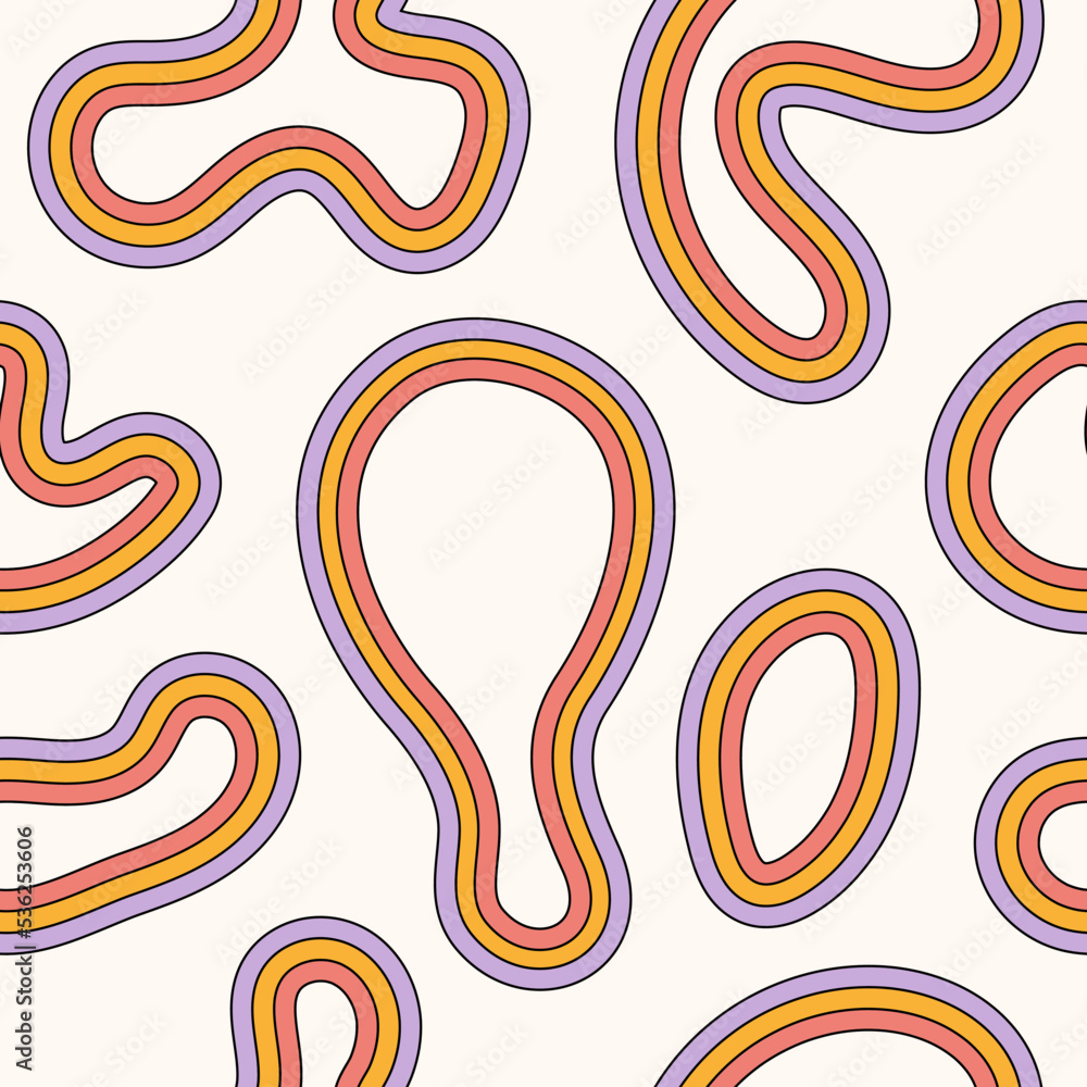 Poster abstract seamless pattern with colorful rainbow shapes in style 60s, 70s. trendy vector illustration