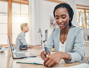 Black, business woman and writing in notebook for planning schedule or idea working in the office. Happy African American female employee taking notes for corporate finance at the workplace - obrazy, fototapety, plakaty