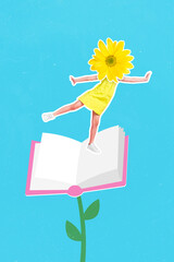 Vertical collage picture of small girl flower instead head stand growing book plant isolated on creative painted background