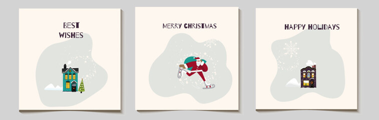 Christmas vector gift card or tag set, funny santa hurries with a bag of gifts, runs, snow-covered village houses, with inscriptions merry christmas, best wishes.