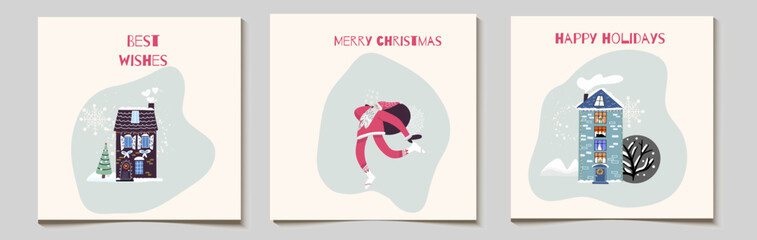 Christmas vector gift card or tag set, funny santa catches snowflakes in his mouth, snow covered village houses, with inscriptions merry christmas, happy holidays, best wishes.