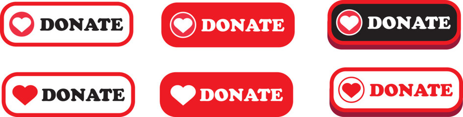 Donate web button. Red button with heart. Symbol of financial aid isolated on white background. Vector illustration.