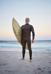 Senior man on beach, summer surfing vacation and holiday travel fitness adventure on Australia...