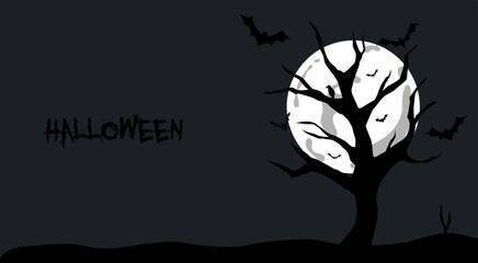 halloween tree silhouette tree and bat silhouette against full moon light at night, halloween background vector illustration