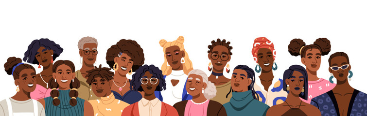 Black women group portrait. Happy smiling African-American girls together. Different modern fashion female characters, people community. Flat vector illustration isolated on white background