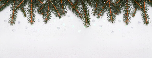   Christmas composition with spruce branches and snow on white background. Space for text. Banner.