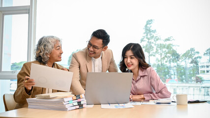 Smart Asian businesspeople working together, sharing ideas and brainstorming